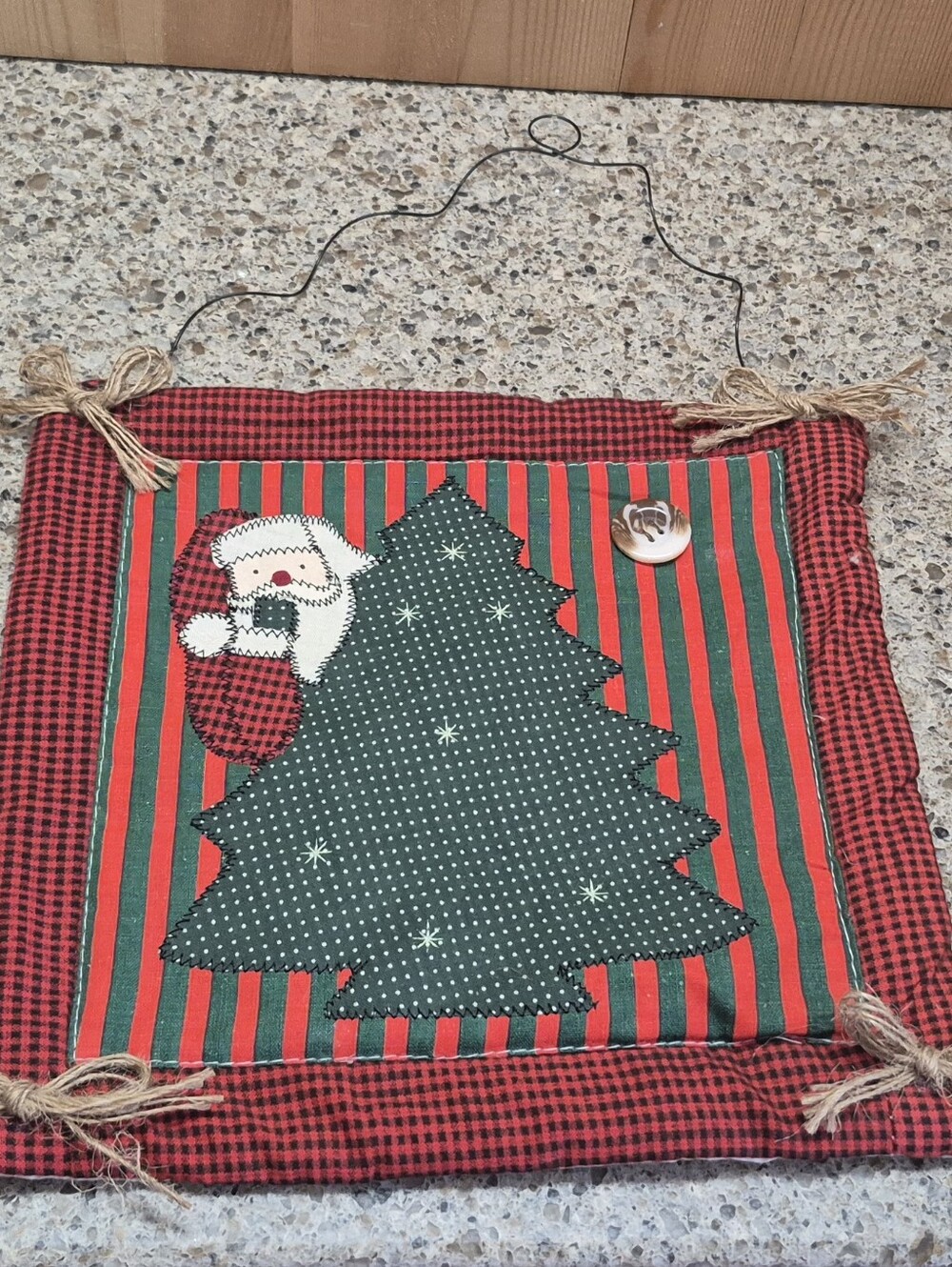 Vintage Country Santa Claus Christmas Tree Fabric Wall Hanging Quilted Plaid 9x9